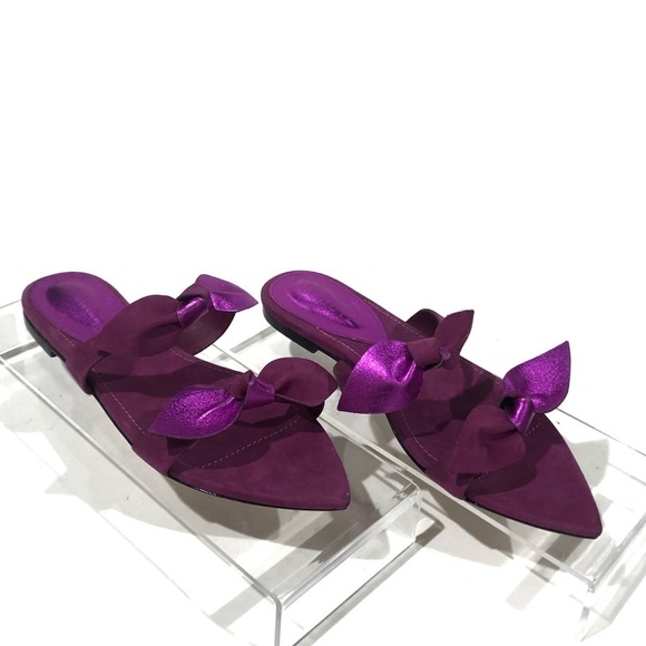 SCHUTZ Elora Flat Bow Knot Suede & Leather Mule Slide On Pointy Toe Sandals Sz 7 - Picture 1 of 10